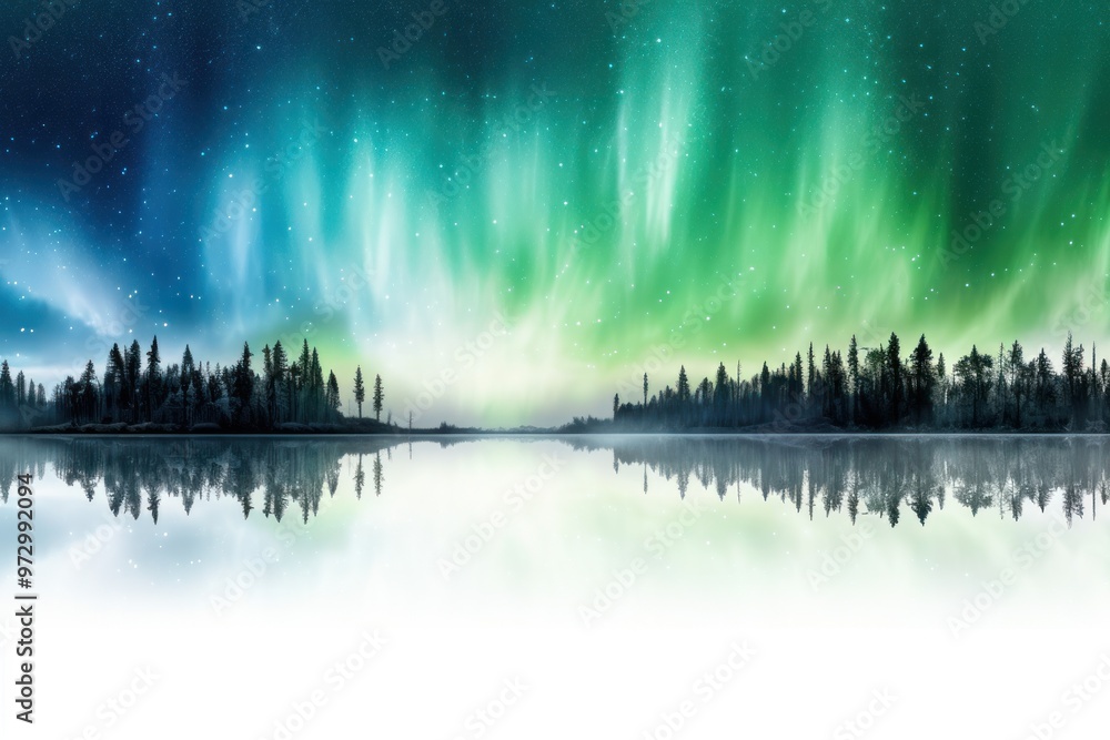 Aufkleber the aurora borealis reflected in a tranquil lake, creating a mesmerizing mirror image of the celesti