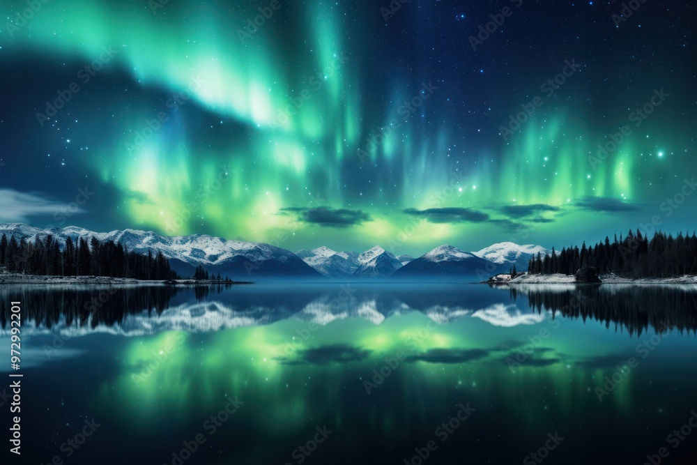 Poster the aurora borealis reflected in a tranquil lake, creating a mesmerizing mirror image of the celesti