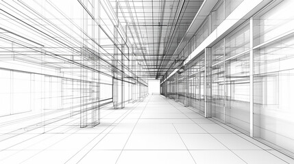 Fototapeta premium A detailed drawing depicting a spacious living room with elegant stairs leading to an upper level, Draw sketch architecture