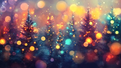 Fototapeta premium Colorful bokeh lights illuminate a forest of evergreen trees during a Christmas evening celebration
