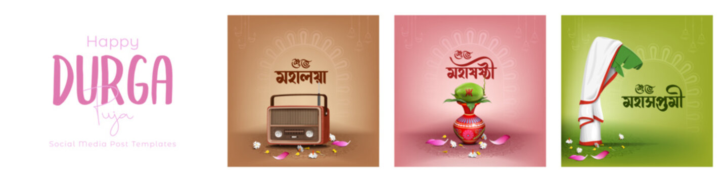durga puja festival creative social media post template mahalaya, sasthi, saptami square designs