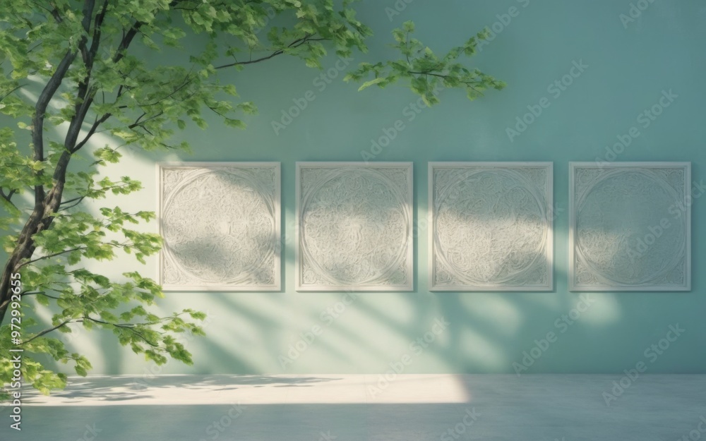 Poster empty room with tree casting shadows, wall with square panels in