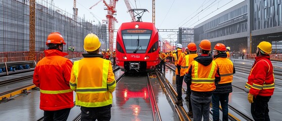 Construction workers observing a red train at a railway site, showcasing teamwork and safety in transportation infrastructure.