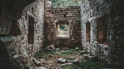 A View Through a Window in a Crumbling Stone Building