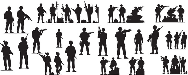 Army silhouette of men soldiers with weapons, a large military vector set