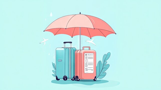 recommend clip art: Minimalist design of an umbrella covering a suitcase and plane ticket, conveying the concept of travel insurance in a single-color illustration