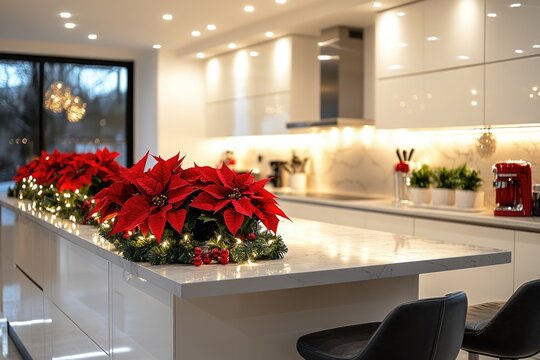 White modern kitchen interior, kitchen island decorated for Christmas holidays with ornaments and red Poinsettia flowers  