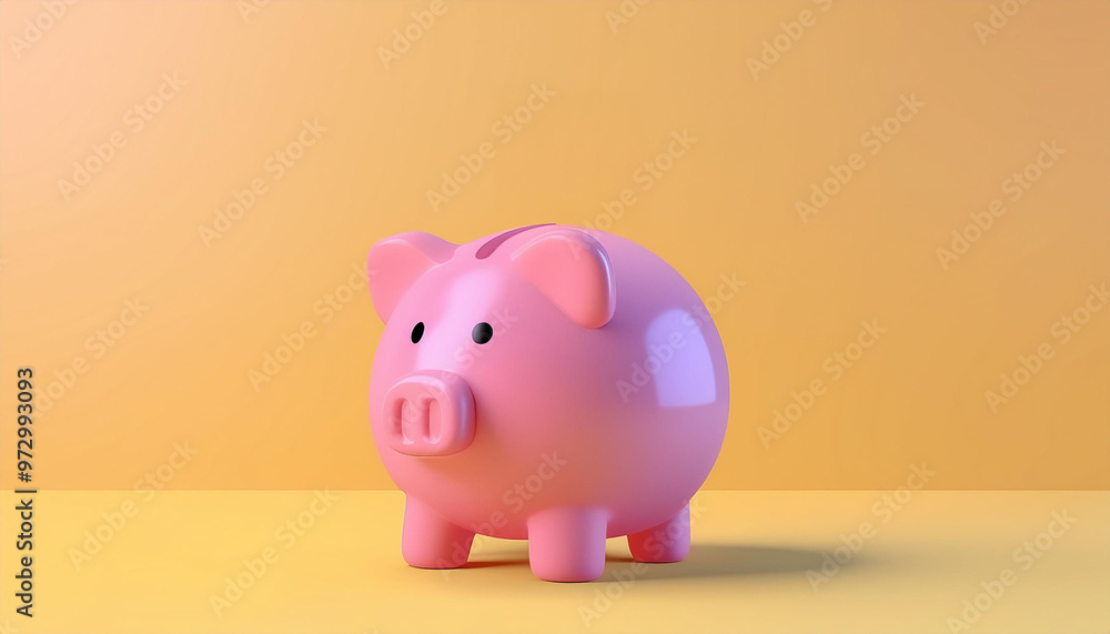 Wall mural a pink piggy bank sits on a yellow background