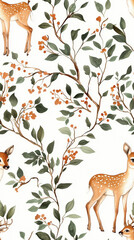 A seamless pattern featuring vintage botanical branches adorned with delicate leaves and charming deer. This design evokes sense of natures beauty and tranquility