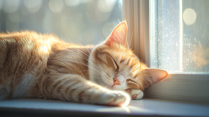 A cat peacefully sleeping on a windowsill, bathed in soft sunlight, captured in a close-up view, with a minimal, plain background, and serene vibes, focusing on the details of the cat’s fur 