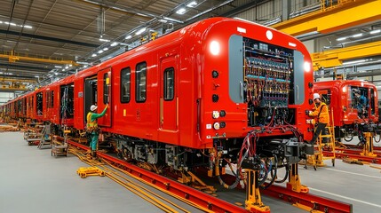 Modern manufacturing facility featuring red train cars being assembled in a well-lit industrial environment.
