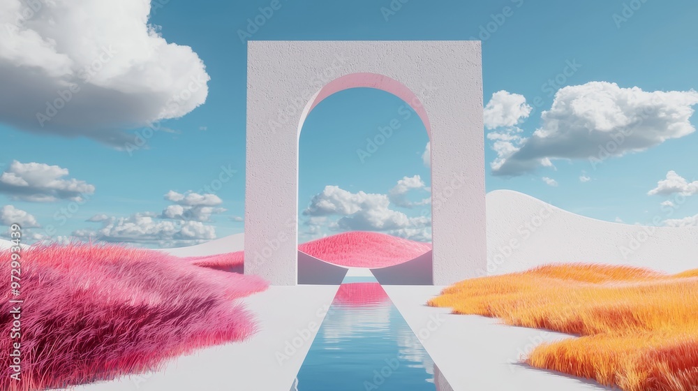 Fototapete An abstract landscape with a colorful grassland dune over a twilight sky background rendered in 3D.