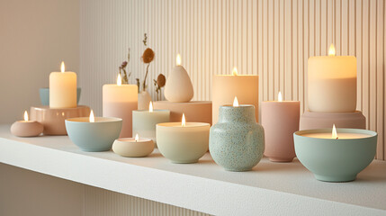 Scene of a candle display in a modern boutique setting, showcasing a range of candles in stylish holders and containers, against a clean, neutral background. 