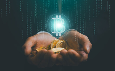 bitcoin crypto currency block chain, future business,Day trader buying selling currency and trading on the cryptocurrency exchange by computer and bitcoin graph, planning and manage profit investment