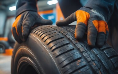 Close-Up of Hands in Yellow Gloves Working on Car Tire in Garage