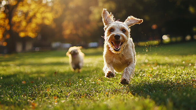 A dog running in the park, joyfully playing with another pet, captured from a point-of-view shot, with a candid, vibrant style and a minimal background, showcasing the excitement and playful 