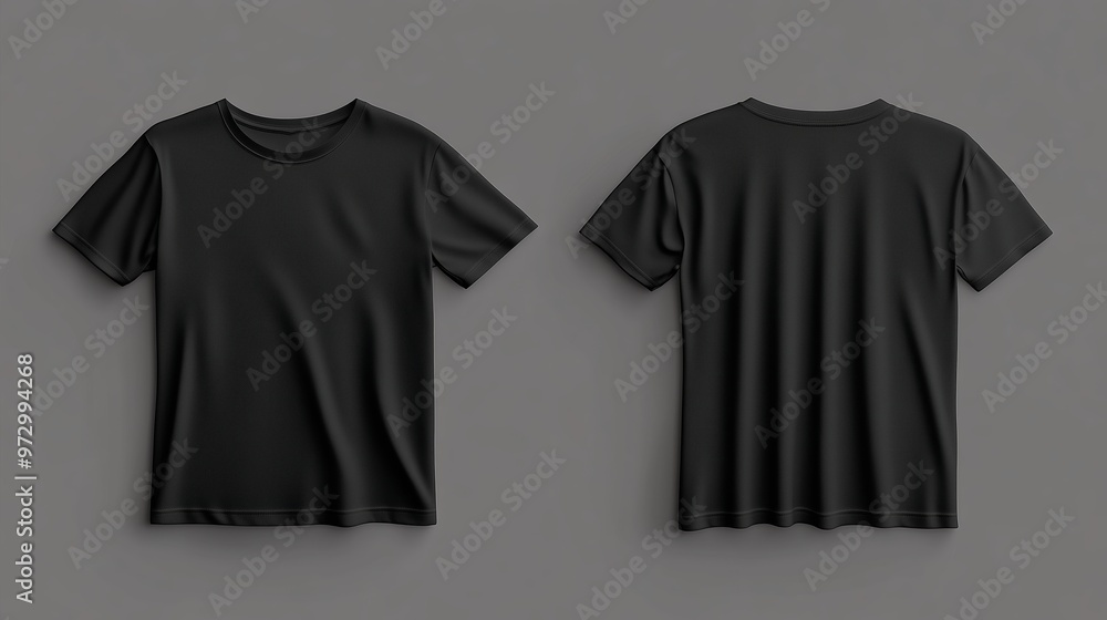 Poster black cotton t-shirt displayed from both front and back views on a neutral gray background in a mini