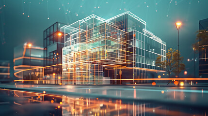 Fototapeta premium Modern glass office building with city skyline reflection during sunset, capturing urban architecture and business environment.