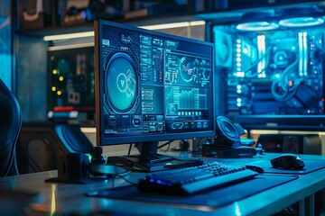 Fototapeta premium This is a modern and well-equipped gaming setup. It includes a comfortable chair, a large computer monitor, high-quality speakers, and a sleek headset for an immersive audio experience , Gaming room 