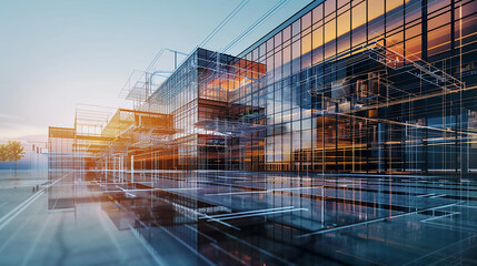 Modern glass office building with city skyline reflection during sunset, capturing urban architecture and business environment.