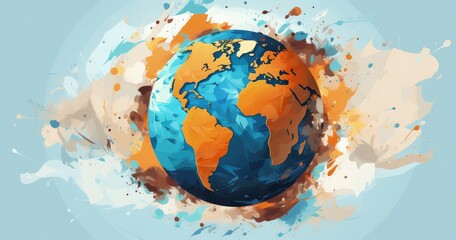 Naklejka premium A vibrant, abstract illustration of Earth, showcasing continents in orange and blue against a colorful background.