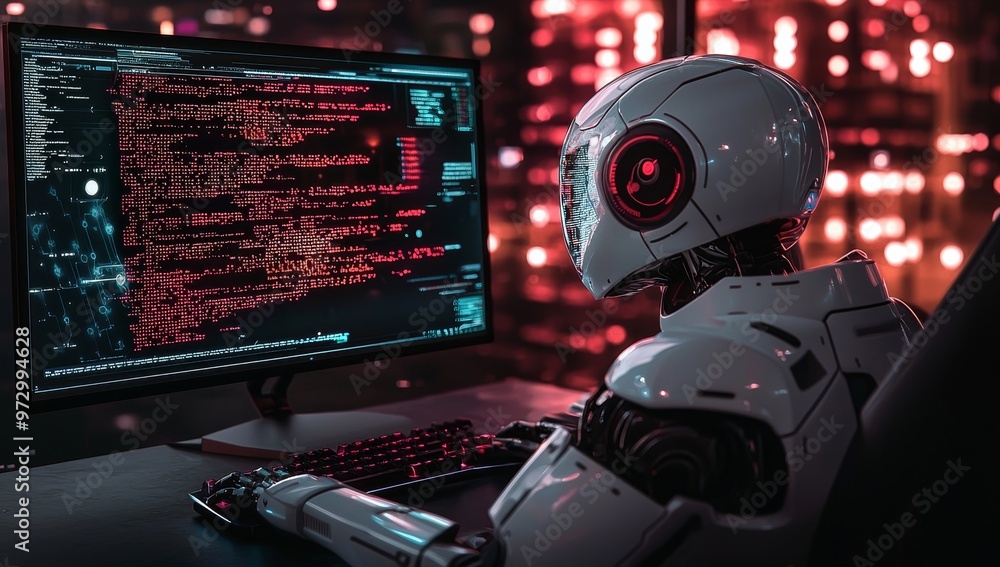 Poster A stock, a cyborg using a computer and typing a keyboard, technology in the future, writing programming codes. Stock.