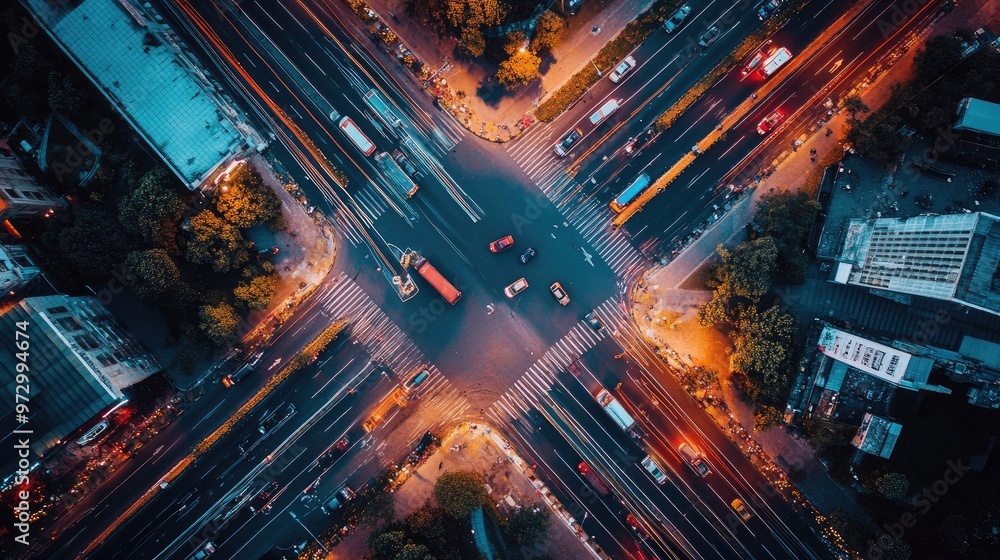 Poster an aerial view of a major intersection with multiple lanes, traffic lights, and vehicles moving in d