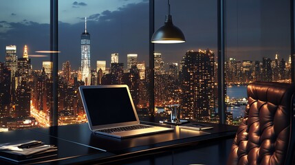 Plakat A modern office with a view of a city skyline at dusk.