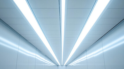 Obraz premium A white ceiling with bright neon lights, seen from below. This image is perfect for adding your own text or design.