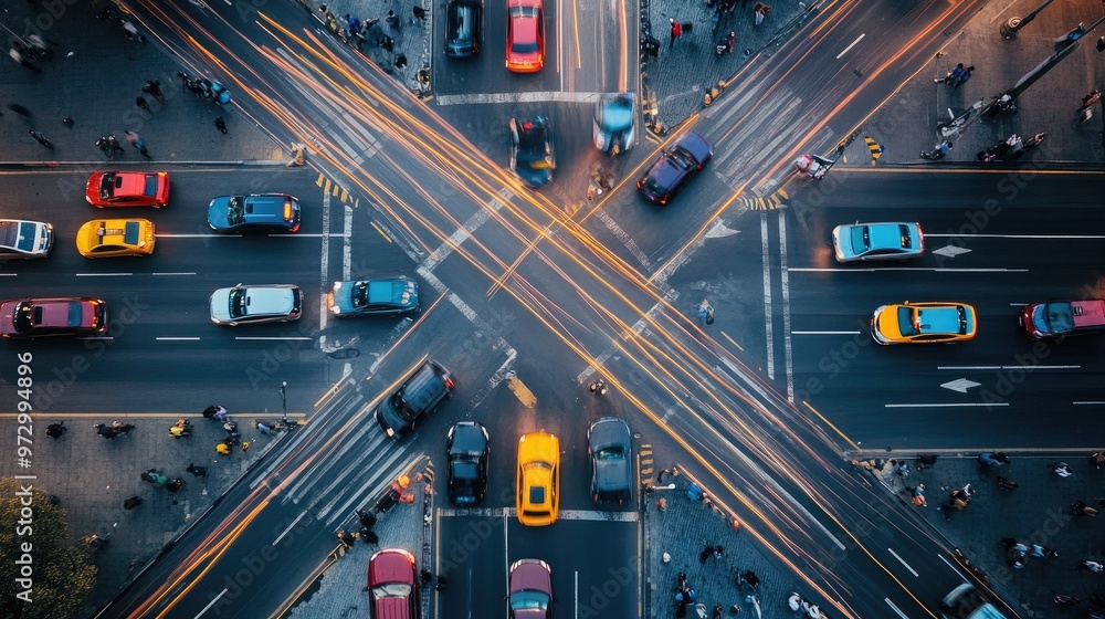 Poster an aerial view of an intersection with multiple traffic lights and vehicles in motion, showing how t