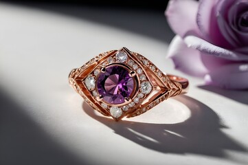 Naklejka premium An exquisite purple gemstone ring surrounded by sparkling diamonds, reflecting elegance and sophistication, perfect for special occasions and gifts.