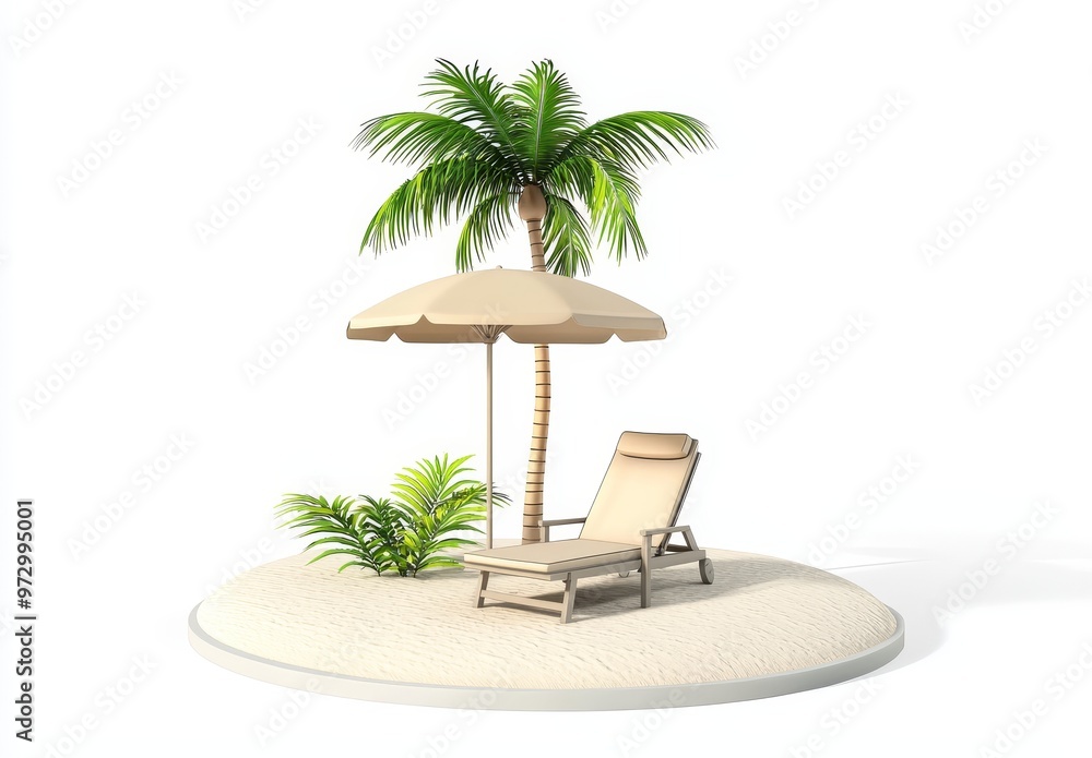 Aufkleber summer elements 3d icon clipart island isolated on white background, realistic objects for mock-up w