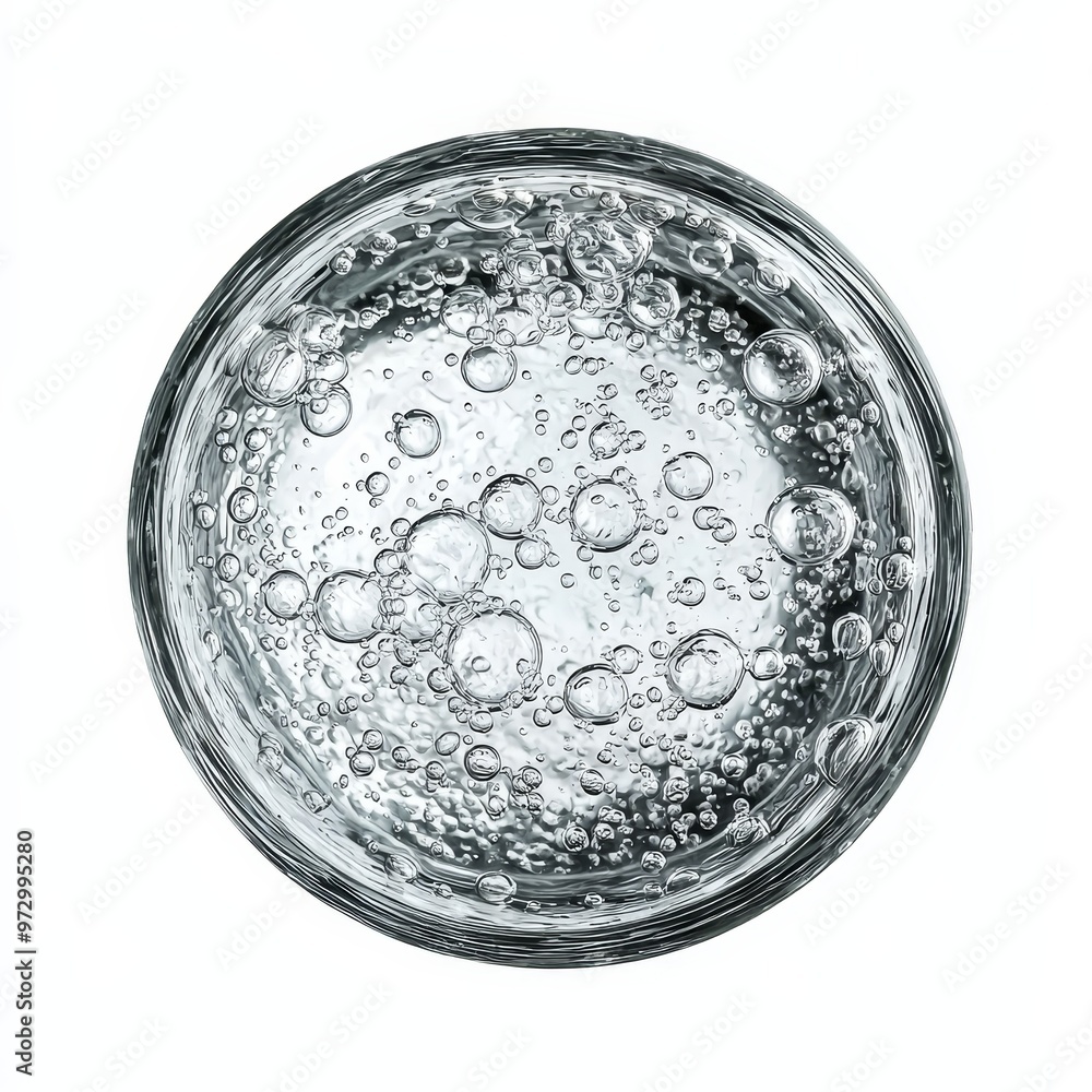 Poster an isolated white background shows a transparent bubble with delicate reflections and air bubbles in