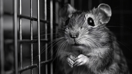 Obraz premium A point-of-view shot of a hamster observing from its cage, with a black and white style and a plain background, emphasizing the hamster’s gaze and the contrast of its environment 