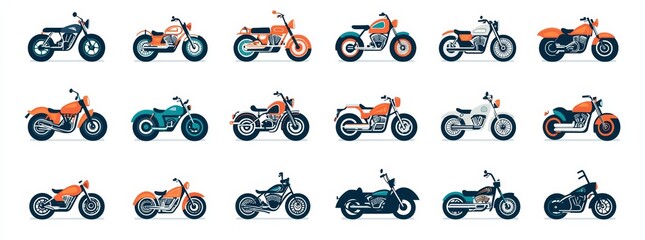 Sport bikes choppers road two wheel motor fast vehicles illustration isolated on white background.