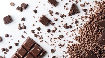 An artistic arrangement of chocolate chips, chunks, and shavings scattered on a white surface, highlighting the different forms and uses of chocolate.