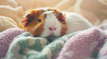 A close-up view of a guinea pig napping in a cozy bed with soft bedding, against a pastel background and in a serene style, focusing on the guinea pig’s peaceful rest and comfortable environment 