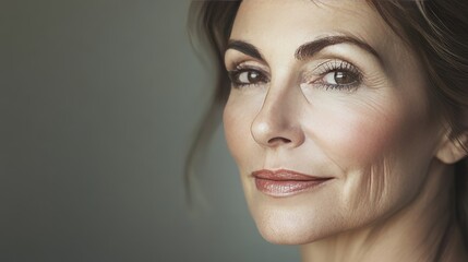 Naklejka premium An artistic portrait of a 50-year-old woman with minimal makeup, highlighting the natural beauty and texture of her skin, with soft, diffused lighting.