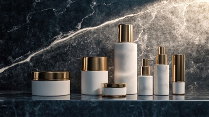 Luxurious white and gold cosmetic packaging featuring bottles, jars, and tubes displayed on a dark marble surface with soft lighting, creating a premium feel.