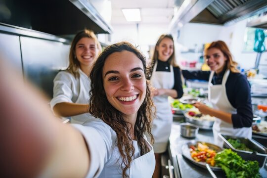 Taking a selfie while attending a cooking class in a professional kitchen