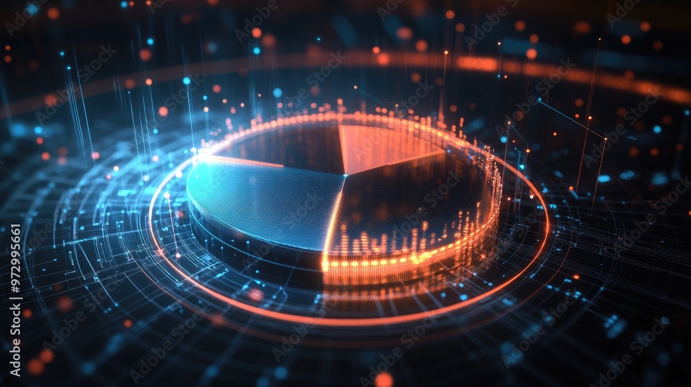 Poster an artistic representation of a 3d pie chart with glowing, semi-transparent segments and dynamic lig