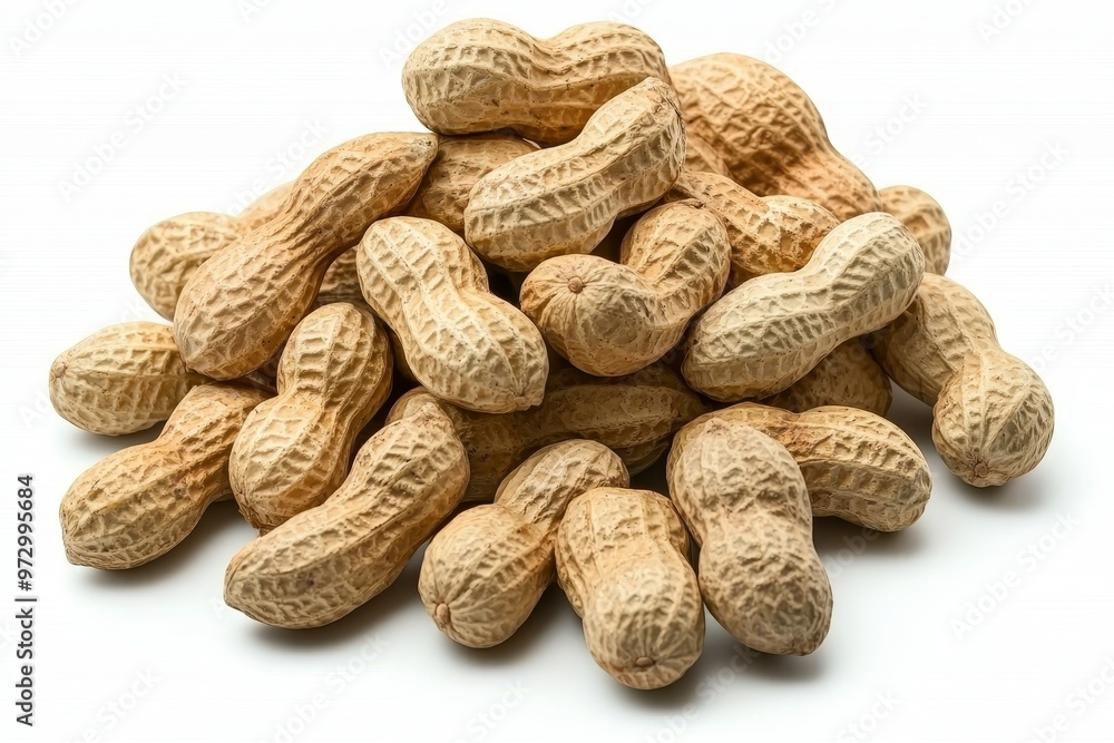 Poster isolated on a white background are dried peeled peanuts with a high protein and nutritional value.
