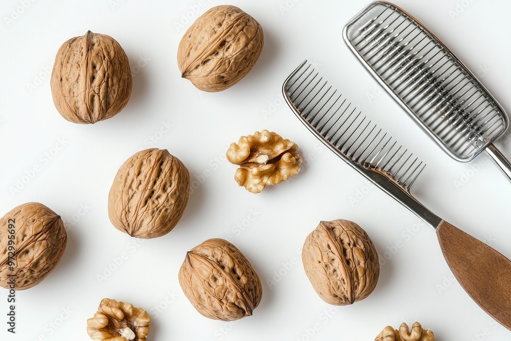 Aufkleber top view of roasted walnuts with peels isolated on a dark background, pile of high-protein, nutritio