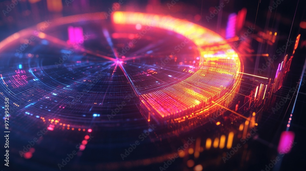Poster an artistic representation of a 3d pie chart with glowing, semi-transparent segments and dynamic lig