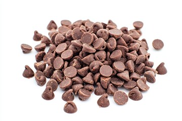 In this flat lay view, chocolate chips and granola are isolated on a white background. A stack of nuts offers a high fiber, high nutrition food.