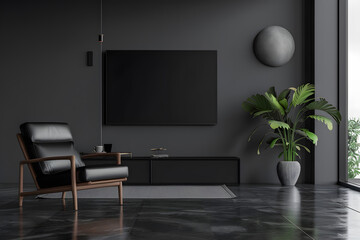 TV room interior with black leather armchair on empty dark wall 3D render. Generative Ai.