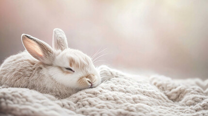 A close-up view of a rabbit napping on a soft blanket, against a pastel background and in a serene style, focusing on the rabbit’s peaceful rest and cozy setting 