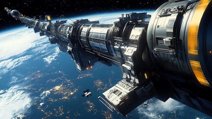 Futuristic Spaceship Orbiting Earth with City Lights