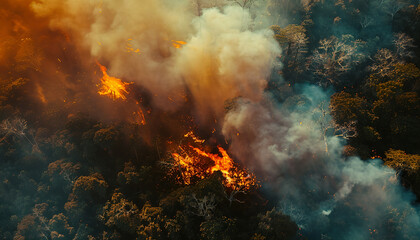 Aerial View of Intense Forest Fire with Thick Smoke and Flames Engulfing the Trees - Environmental Disaster, Climate Change, and Wildfire Crisis 