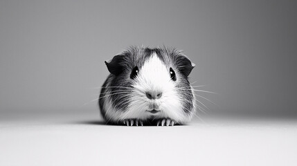 A point-of-view shot of a guinea pig peeking out from behind a toy, with a black and white style and a plain background, focusing on the guinea pig’s inquisitive expression and the simplicity 